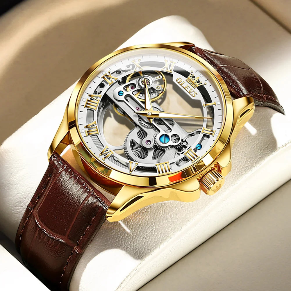 OLEVS 6661 Top Brand Men's Watches Fashion Hollow Flywheel Automatic Mechanical Wristwatch Waterproof Luminous Leather Strap