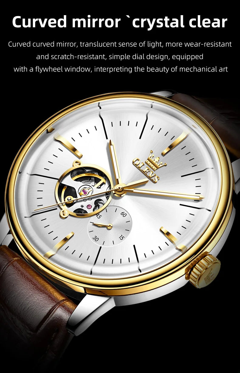 OLEVS 6708 Mechanical Watch for Men Fashion Arched Glass Automatic Men's Watches Hollow Simple Luxury Brand Original Man Watch