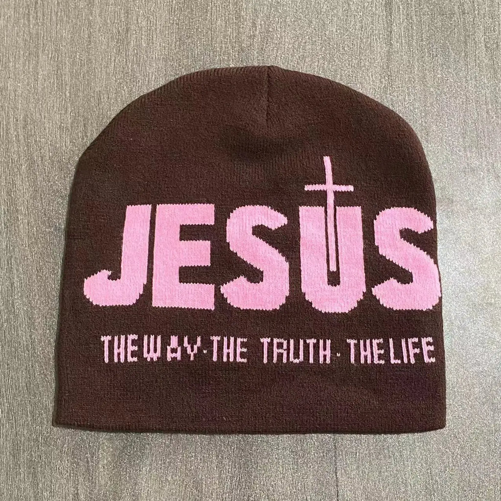 Y2k Women Jacquard Alphabet JESUS Knit Beanies Hat Men Letter Winter Fashion Kpop Goth Warm Hip Hop Thermal Unisex Pullover Hat