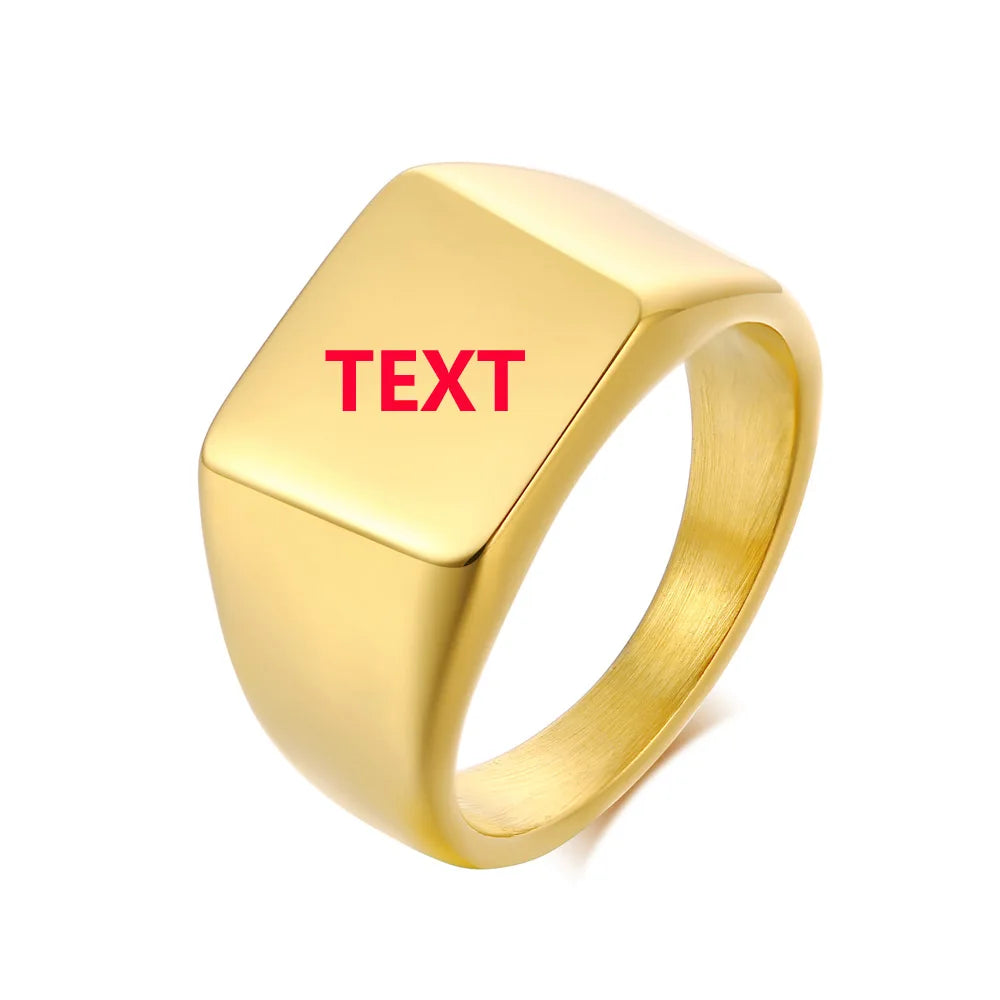 Elegant Personalized Name Bar Ring for Women Gold Color Stainless Steel Signet Stamp Ring Round Square Initial Custom Jewelry