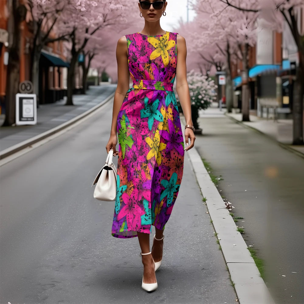 Elegant Floral Dress for Women Breathable A-Line Sleeveless Dress Chic Blue & White with Pink Blooms Office To Vacation Dress