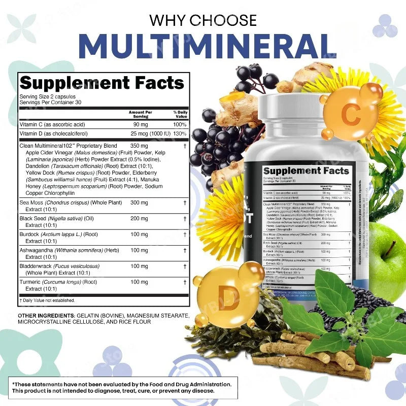 Sea Moss Capsules Contain Black Seed Turmeric & Vitamin D Plant-Based Daily Mineral  All in One Supplement 60 Count Per Bottle