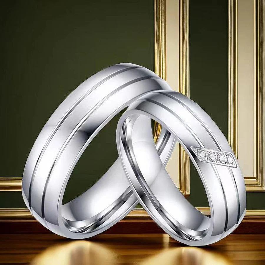 1Piece Gold Tone Silver Plated Stainless Steel Titanium Ring Cubic Zircon Rhinestone Couple Engagement Wedding Jewelry Men Women