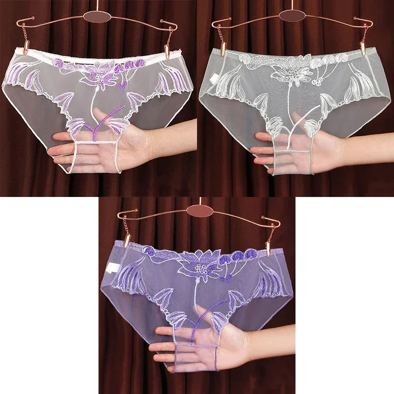 3PCS Solid Full Mesh Sexy Briefs Embroidered Floral Transparent Panties Plus Size Seamless Underwear Low Waist Erotic Lingerie