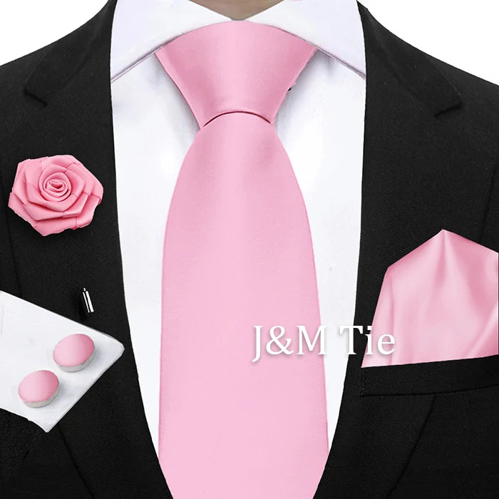 Mens Ties Solid NeckTie Pocket Square Brooch Set Men's Wedding Pink Blue Purple Tie Suit Accessories Fit Group Holiday Party