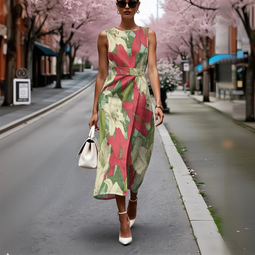 Elegant Floral Dress for Women Breathable A-Line Sleeveless Dress Chic Blue & White with Pink Blooms Office To Vacation Dress
