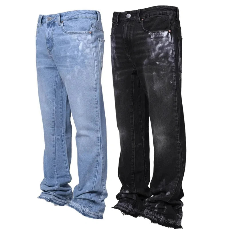 Men's Fashion Jeans Work Pants, European and American Fashion Workwear Elastic Patchwork Denim Layered Flared Pants S-XXL