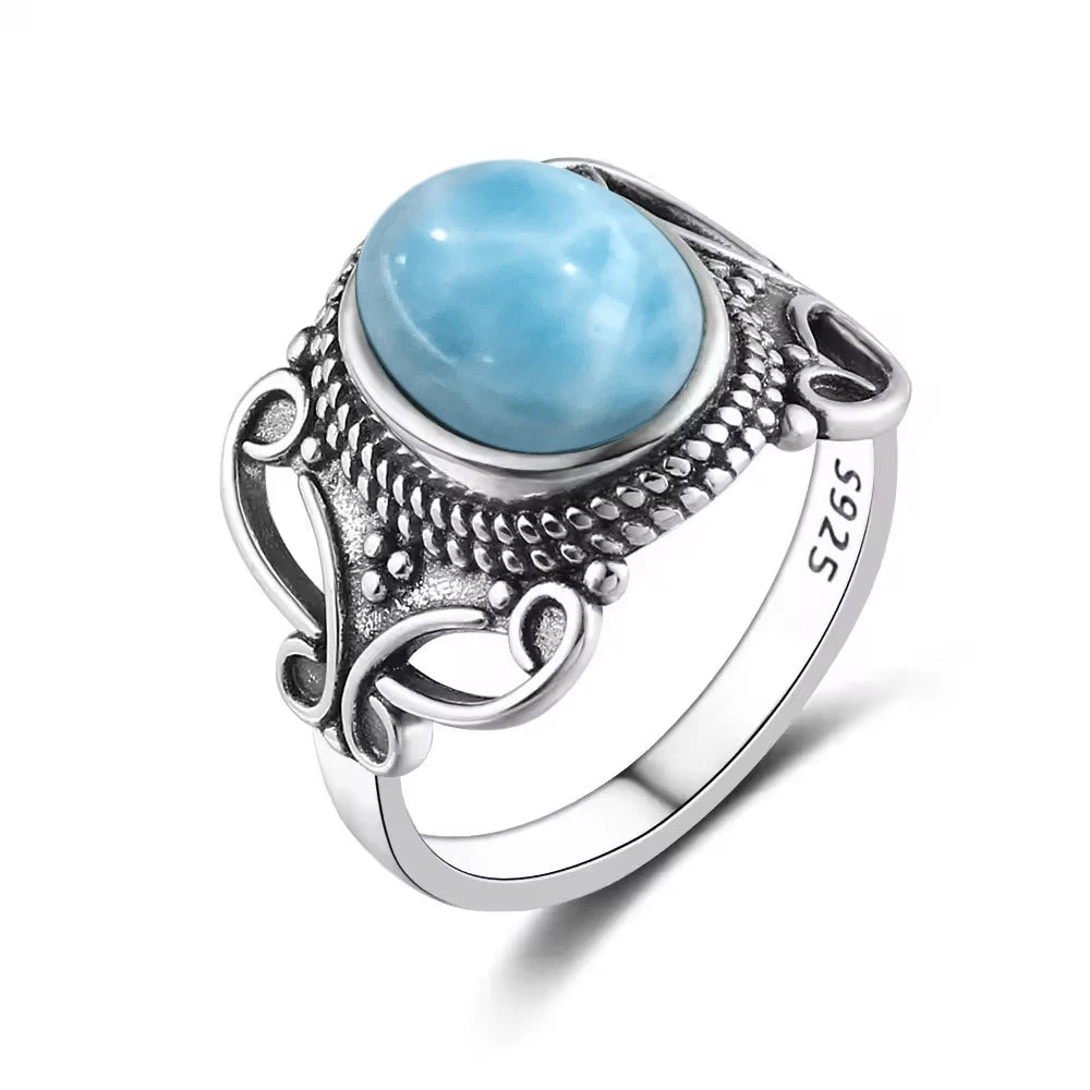 Vintage 925 Silver Ring Natural Larimar Stone Ring Round Flower Shape Sky Blue Summer Ring Fine Jewelry Gift for Men Women