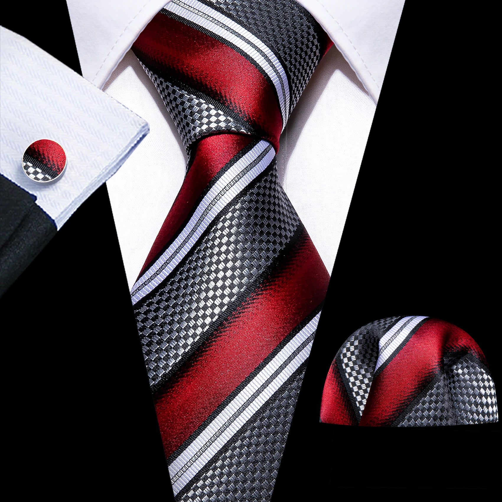 Fashion Khaki Striped Men Silk Necktie Fahsion Tie Handkerchief Cufflinks Sets Male Wedding Business Gift Barry.Wang Stylish