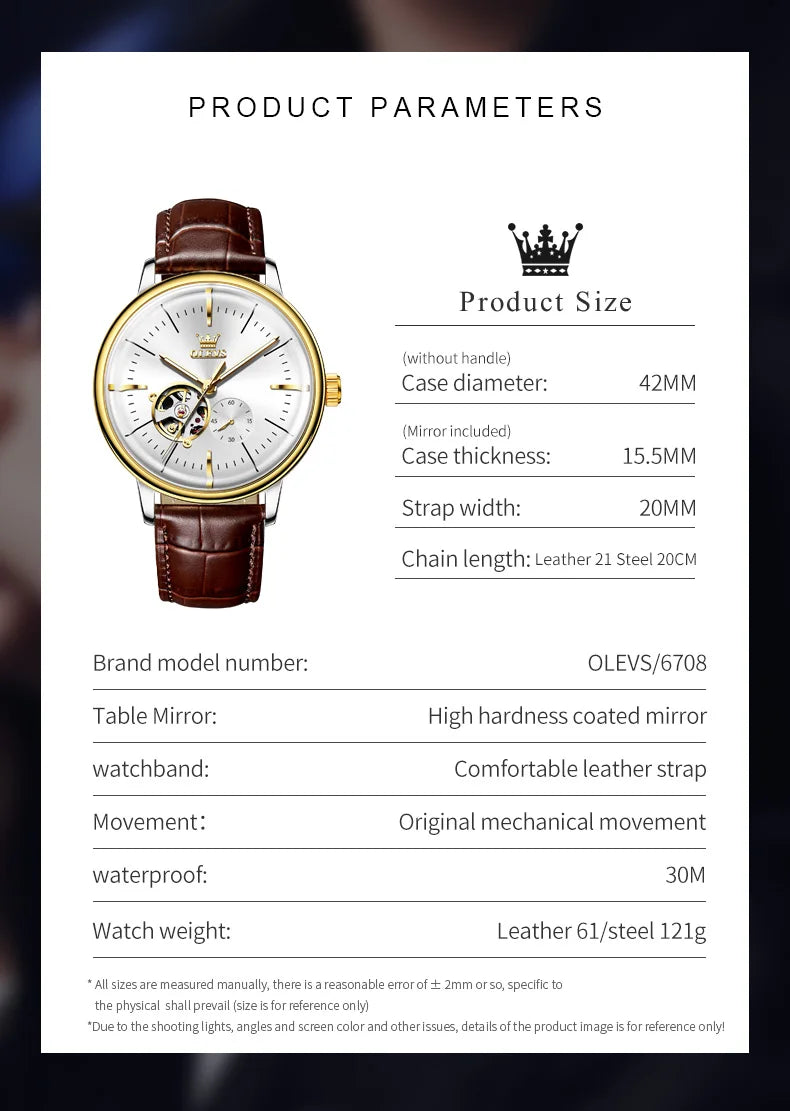 OLEVS 6708 Mechanical Watch for Men Fashion Arched Glass Automatic Men's Watches Hollow Simple Luxury Brand Original Man Watch