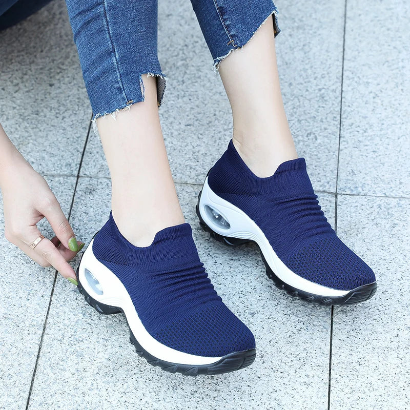 Women's Walking Trainers Fashion Fly Weaving Sock Sneakers Breathable Comfortable Nursing Shoes Casual Platform Loafers Non-Slip