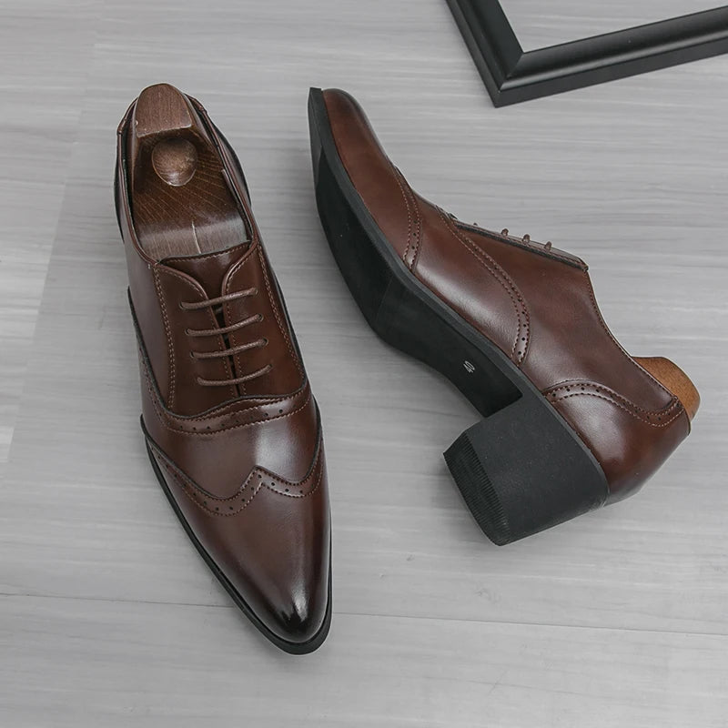 Men's High Heel Business Leather Shoes Mens Pointed Toe Dress Office Flats Men Fashion Wedding Party Oxfords Plus Size 38-46