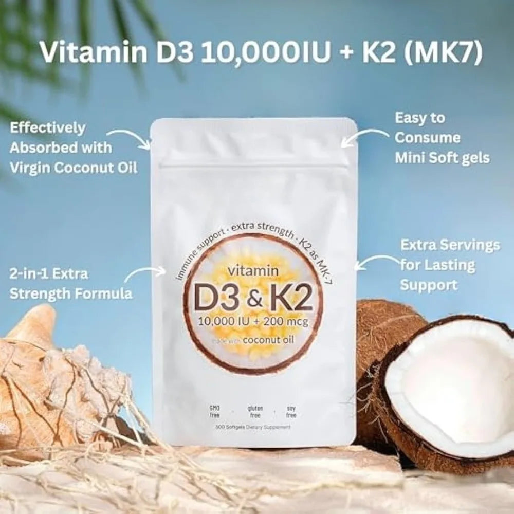 Vitamin D3 10,00 IU + K2 MK-7 200 mcg, 300 Softgels with Virgin Coconut Oil 2-in-1 Vitamins D & K Complex | Extra Strength