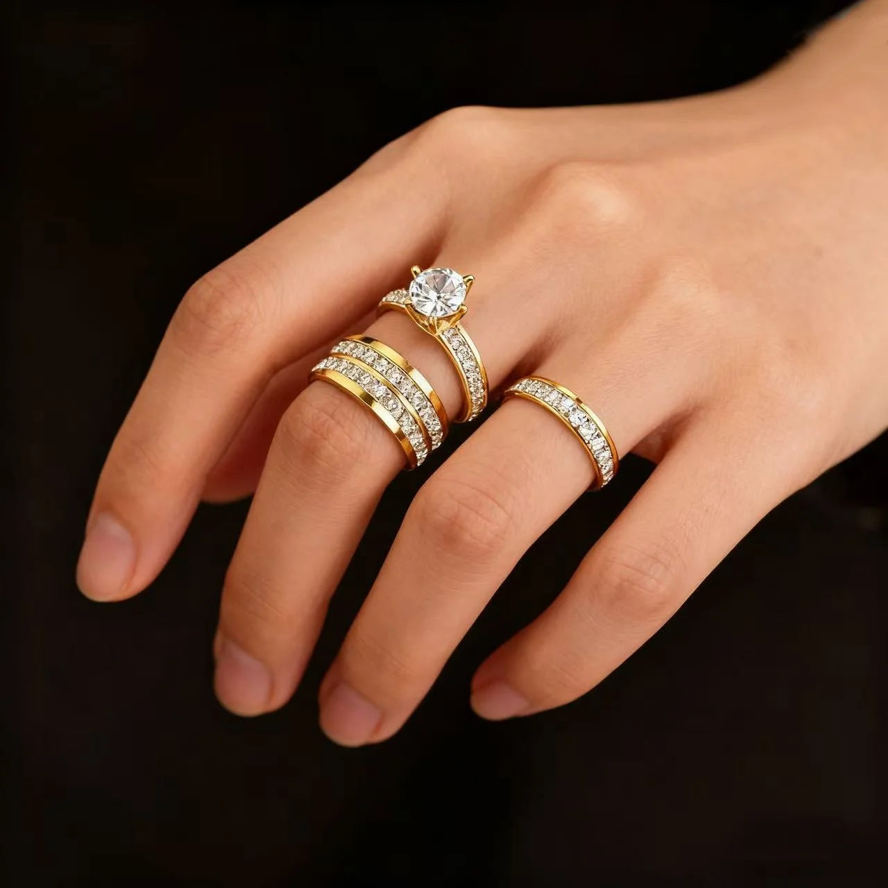 3PCS Set Gold Plated Zirconia (CZ)  Wedding Engagement Band Stainless Steel Ring For Women Classic Jewelry Accessories Gift