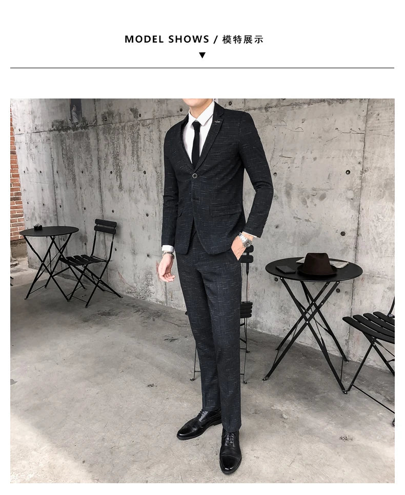Men's Business Fitted Two-Button Suit Set Fashionable Versatile Trendy Three-Piece Ensemble for Groom Best Man Banquet Dress