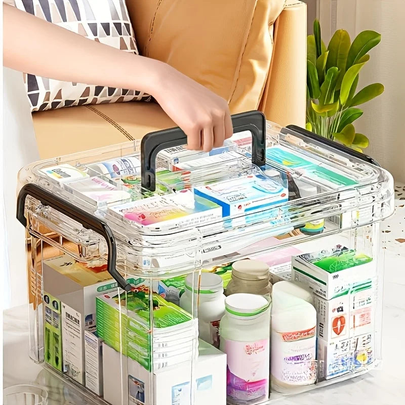 1pc Waterproof Medicine Organizer Box, PVC Storage with Double Layer & Stackable Design, for Pills, Vitamins, First Aid