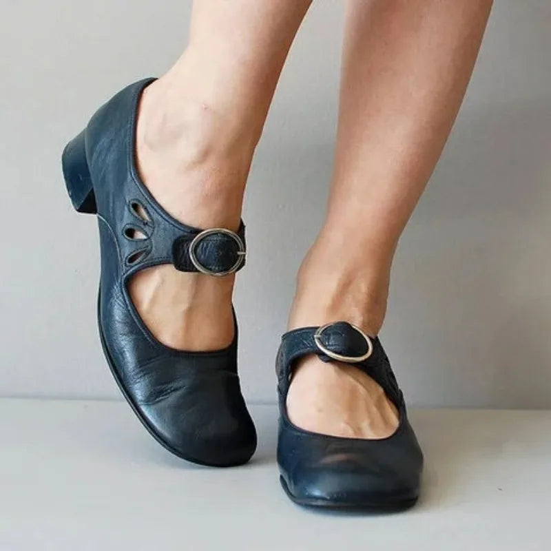 Women Shoes Low Heels Single Shoes Retro New Soft Sole Women Casual Shoes Thick Heels Work Mother Shoe Buckle Shallow High Heels