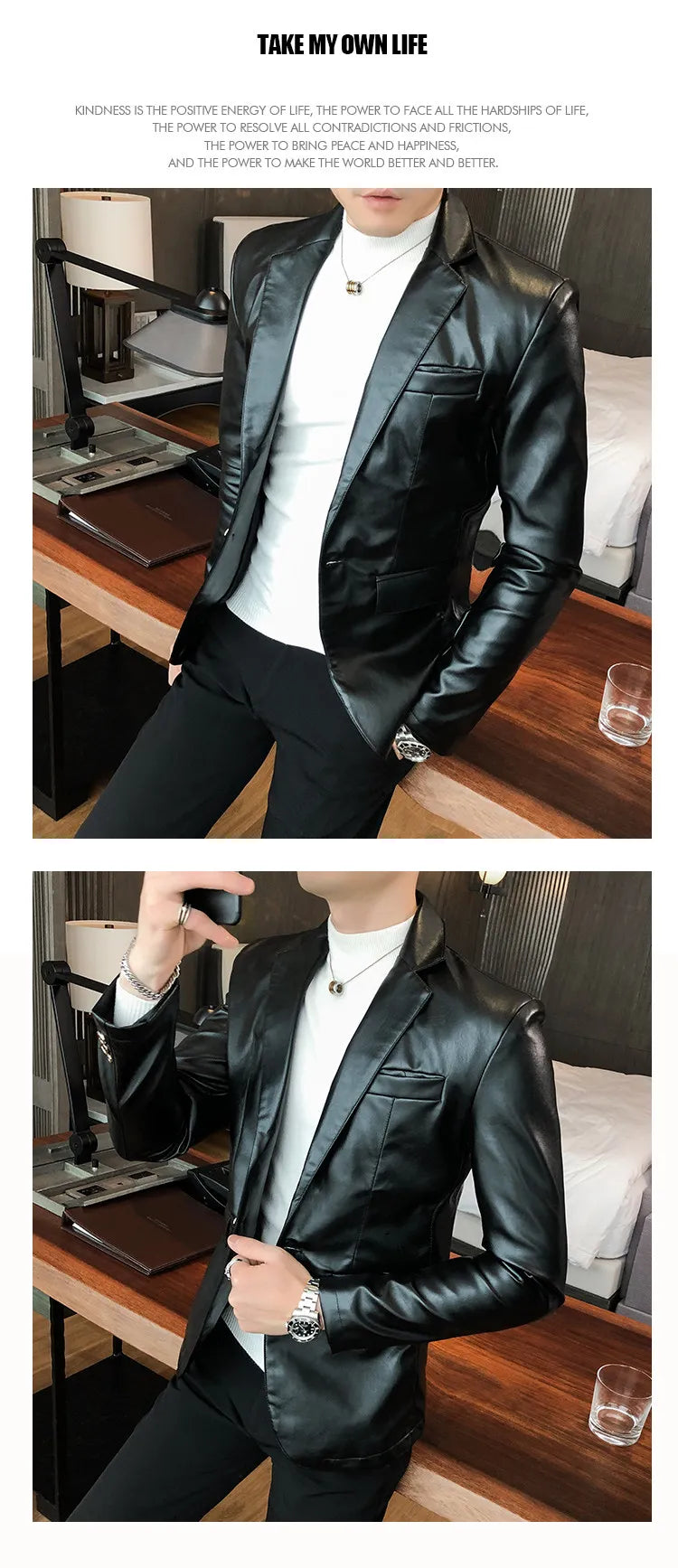 Men Casual Black White Suit Leather Jacket /Men Solid Color Business Suit Collar PU Blazers Dress Coat Fashion /New Men Clothing