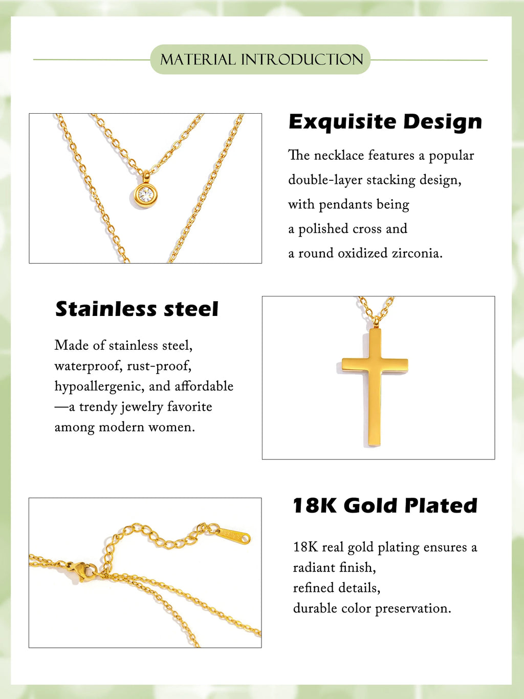 Layered Necklace for Women, Stackable Double pendant with CZ & Cross, Stainless Steel Waterproof Hypoallergenic Trendy Jewelry