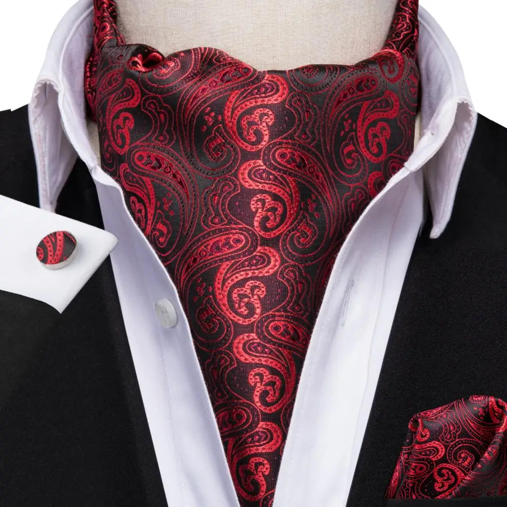 Hi-Tie Mens Ascot Black Pink Blue Red Gold Green Purple White Cravat Tie Hanky Cufflinks for Male Wedding Business Prom