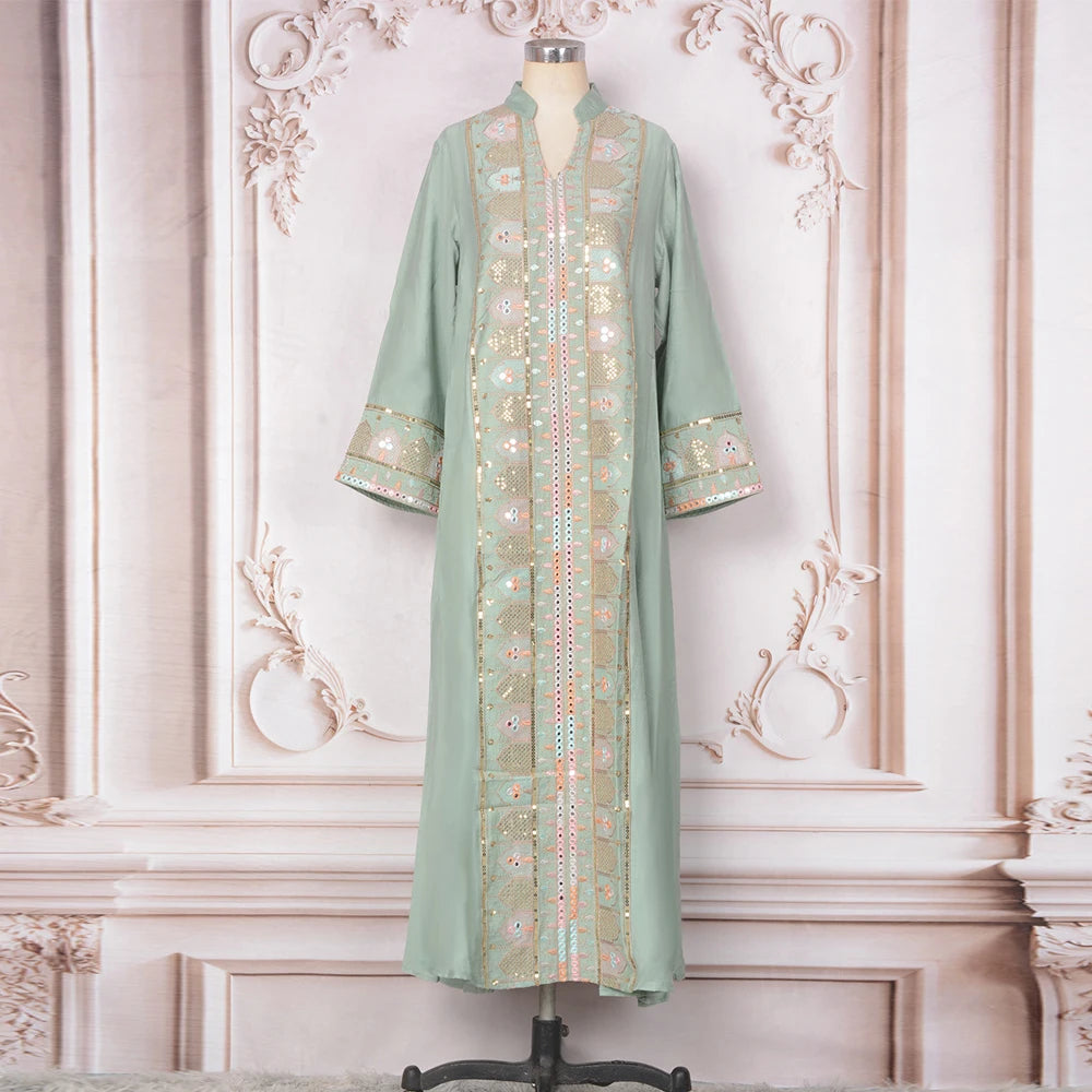 2025 Muslim Women Long Sleeve Kaftan Arabic Sequins Embroidered Party Evening Long Abaya Muslim Fashion Dresses Abaya Dubai