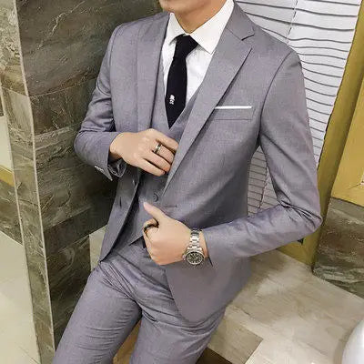 Men's Three-Piece Suit Set Business Formal Tailored Wedding Groomsmen Dress Spring Fashion Urban Polyester Blend Standard Fit
