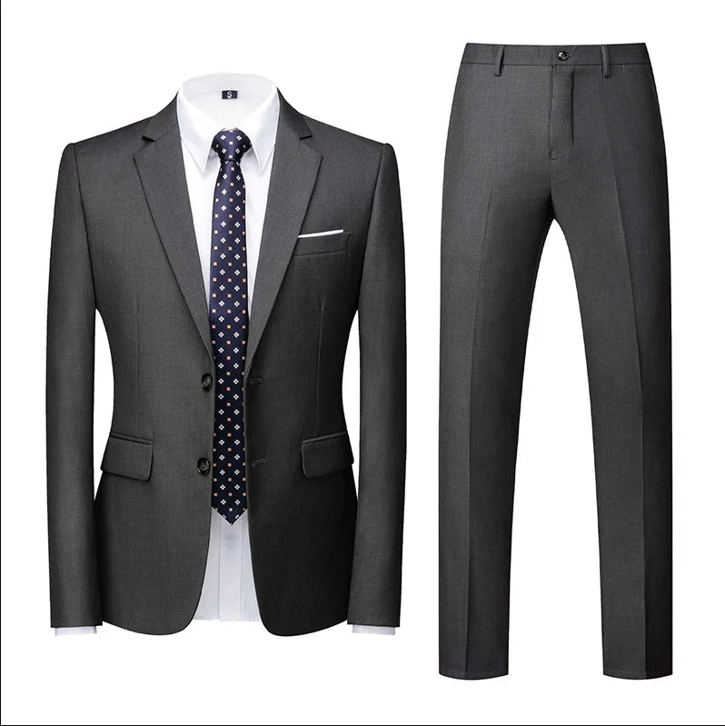 Men's Suit (Blazer+Pants) Fashion Business Casual Slim-fit Wedding Gentleman Solid Color Full Professional Interview Formal Suit