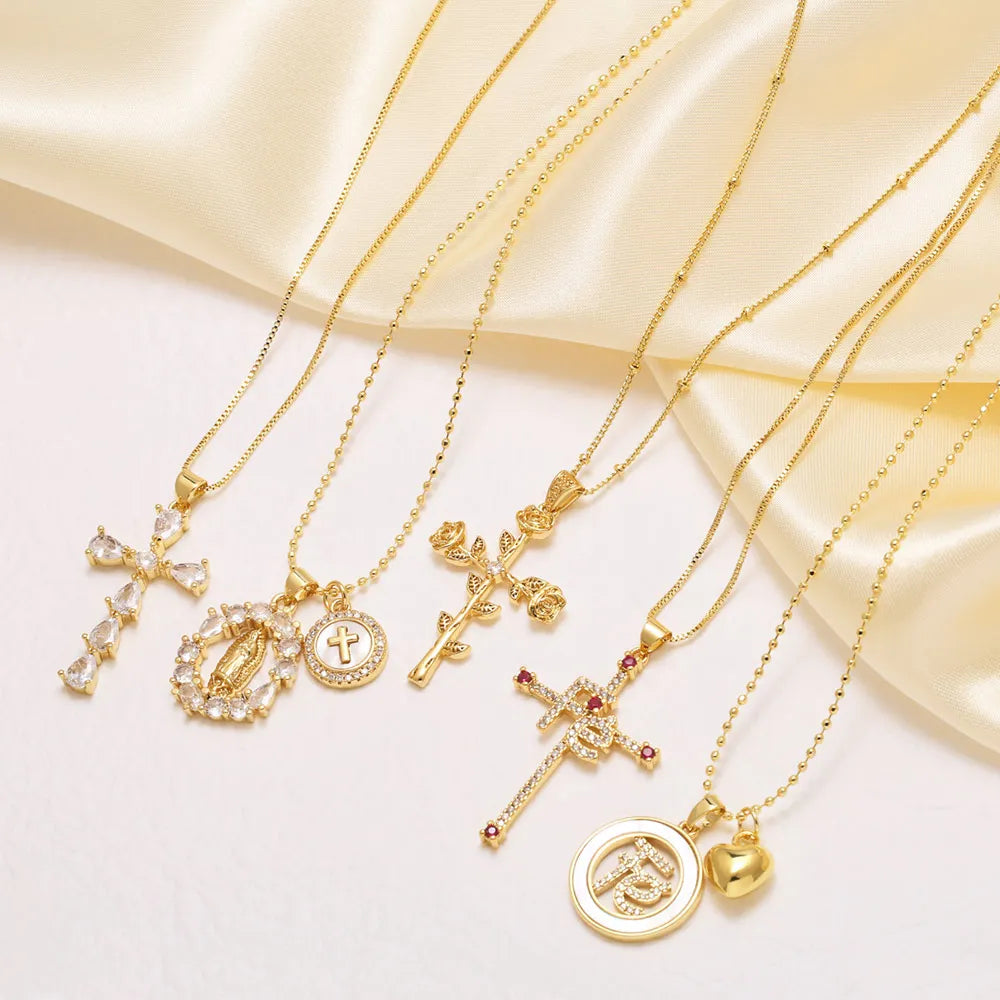 FLOLA New Design Gold Plated Rose Flower Cross Necklaces for Women CZ Crystal Fe Cross Necklaces Catholic Jewelry nkeb489