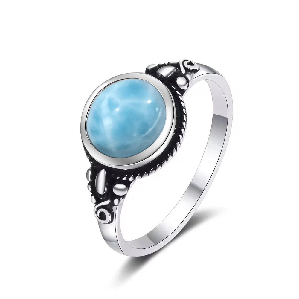 Vintage 925 Silver Ring Natural Larimar Stone Ring Round Flower Shape Sky Blue Summer Ring Fine Jewelry Gift for Men Women