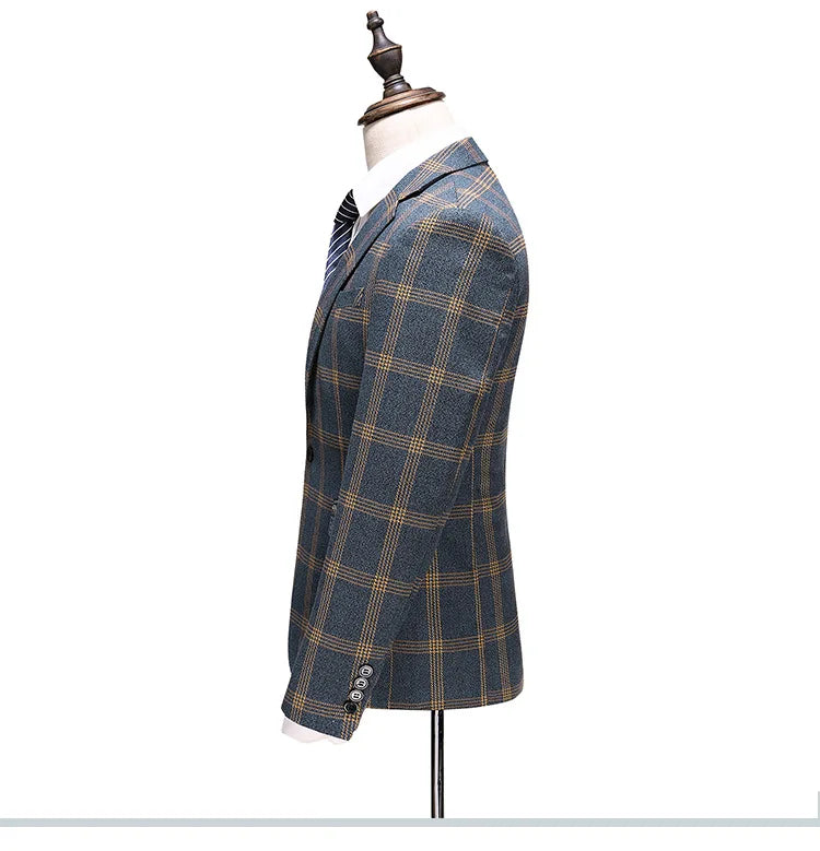 Men 3-piece Suit Outfit Single-breasted Blazer Man V-neck Vest Stright-leg Pant Male Retro Plaid Slim Business Wedding Suits
