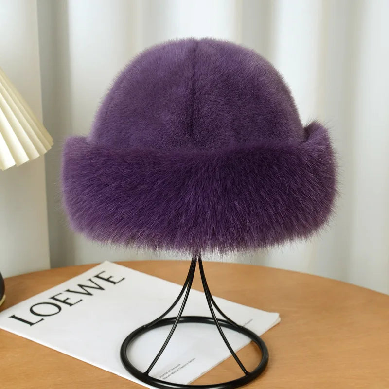Winter Warm Fleece Bucket Hat with Ear Protector,Winter Windproof SolidColor Thick Casual Elegant Pullover for Outdoor Dailywear