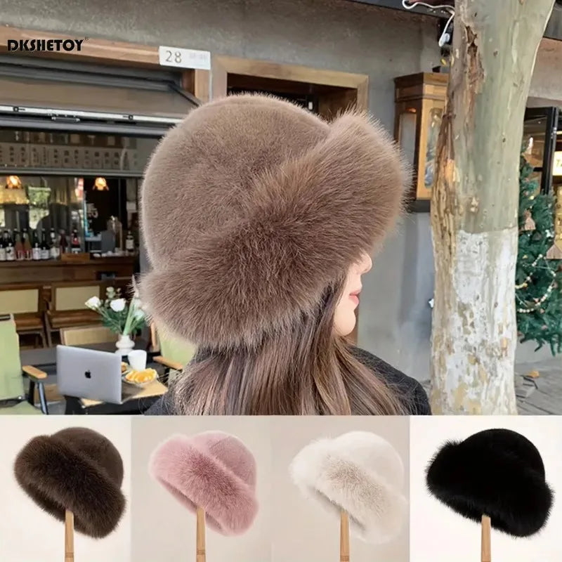 Winter Warm Fleece Bucket Hat with Ear Protector,Winter Windproof SolidColor Thick Casual Elegant Pullover for Outdoor Dailywear