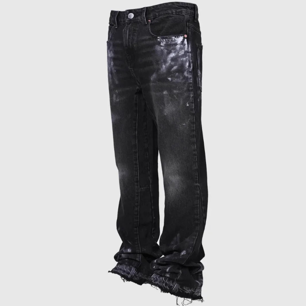 Men's Fashion Jeans Work Pants, European and American Fashion Workwear Elastic Patchwork Denim Layered Flared Pants S-XXL