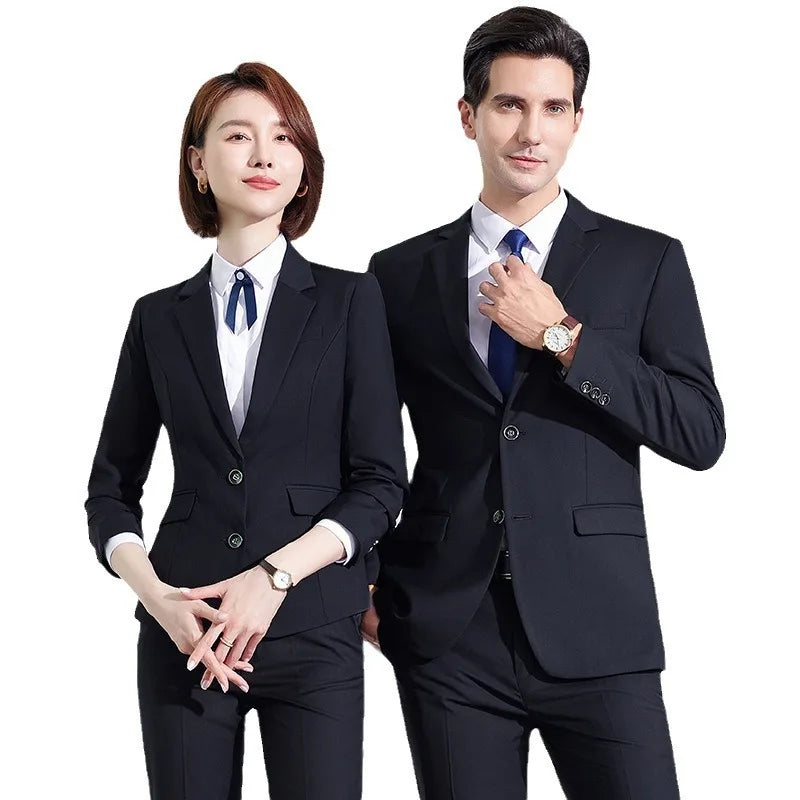 Men's Formal Business Suit Set Black Grey Blue Blazer Pants 2 Piece Work Wear For Office Sales Property 4S Store Staff
