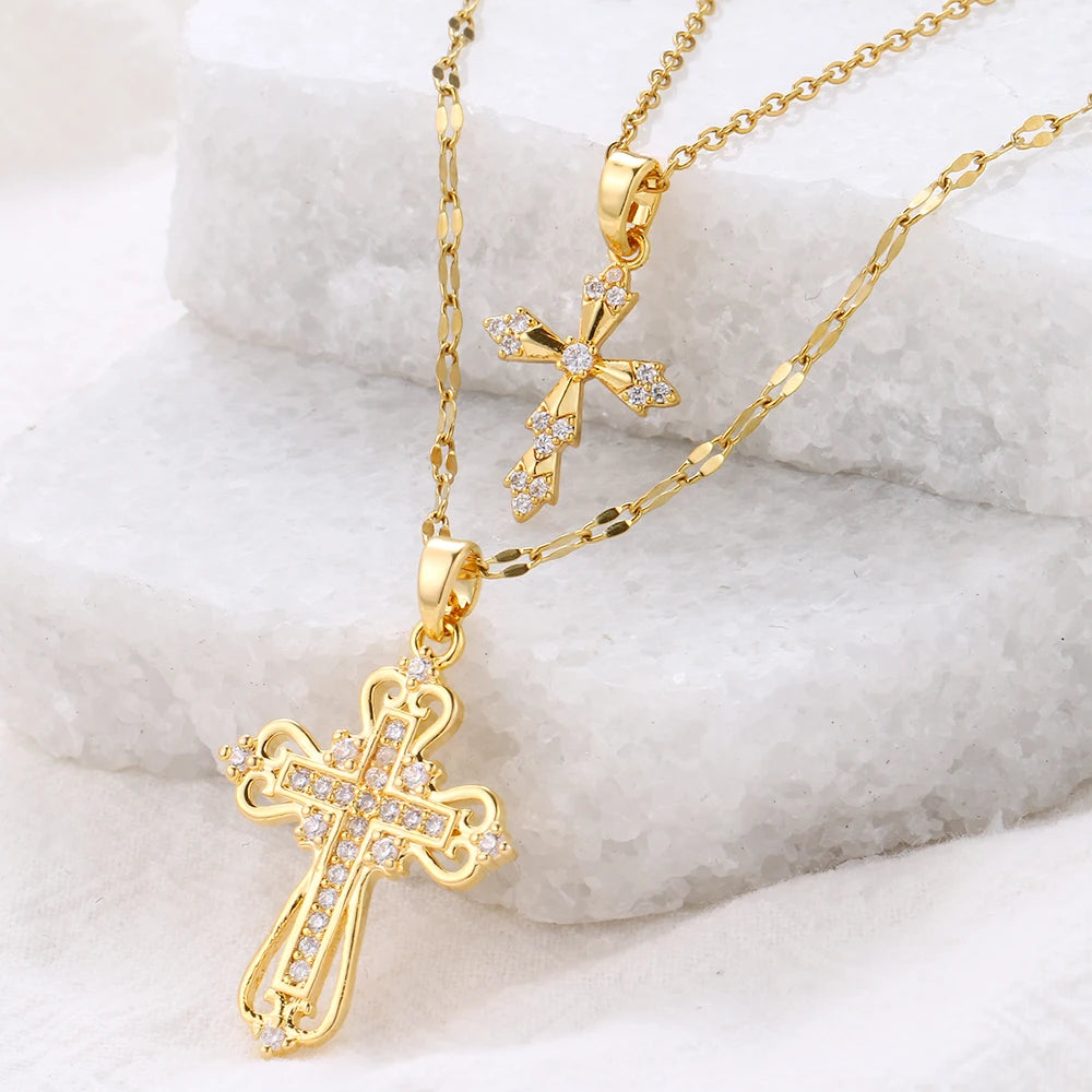Women's Exquisite Luxury Cross Necklace High-End Zircon Pendant Stainless Steel Collarbone Chain Jewelry Gift