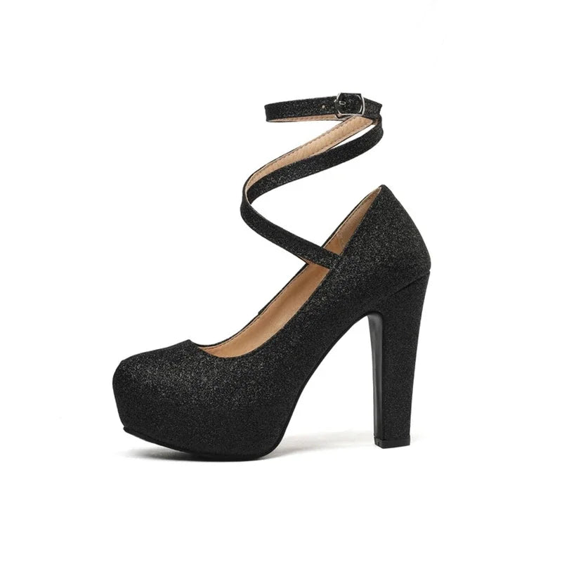 Women Shoes Sexy Fashion Round Toe High Heels  Ankle Strap Dress Dance Party Wedding Bride Platform Shoes Big Size 49 50 33-43