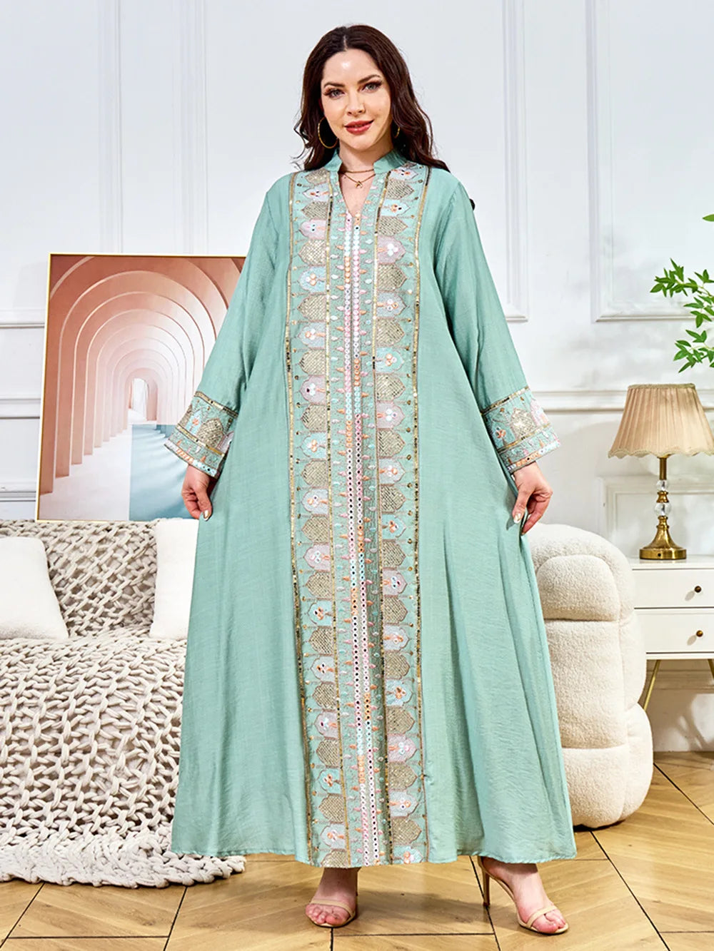 2025 Muslim Women Long Sleeve Kaftan Arabic Sequins Embroidered Party Evening Long Abaya Muslim Fashion Dresses Abaya Dubai