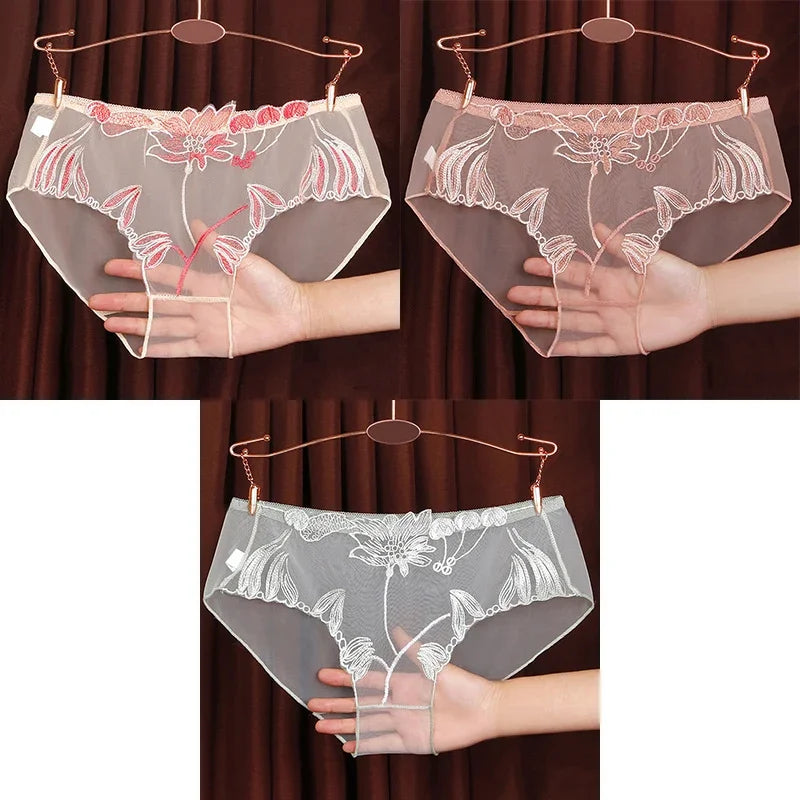 3PCS Solid Full Mesh Sexy Briefs Embroidered Floral Transparent Panties Plus Size Seamless Underwear Low Waist Erotic Lingerie