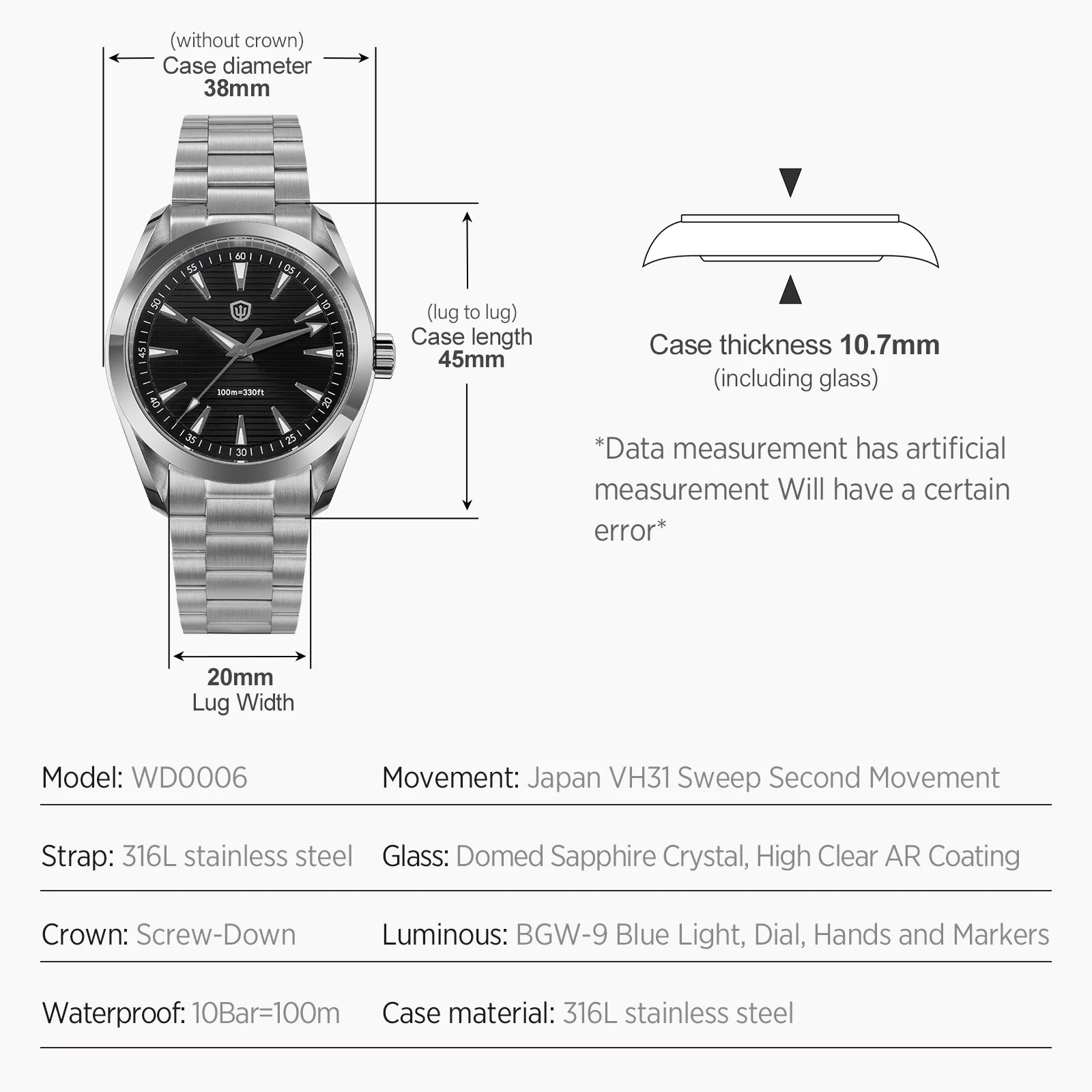 Watchdives WD0006 Watch VH31 Sweep Second Movement Domed Sapphire Crystal BGW9 Luminous 10Bar Waterproof 38mm Vintage Watches