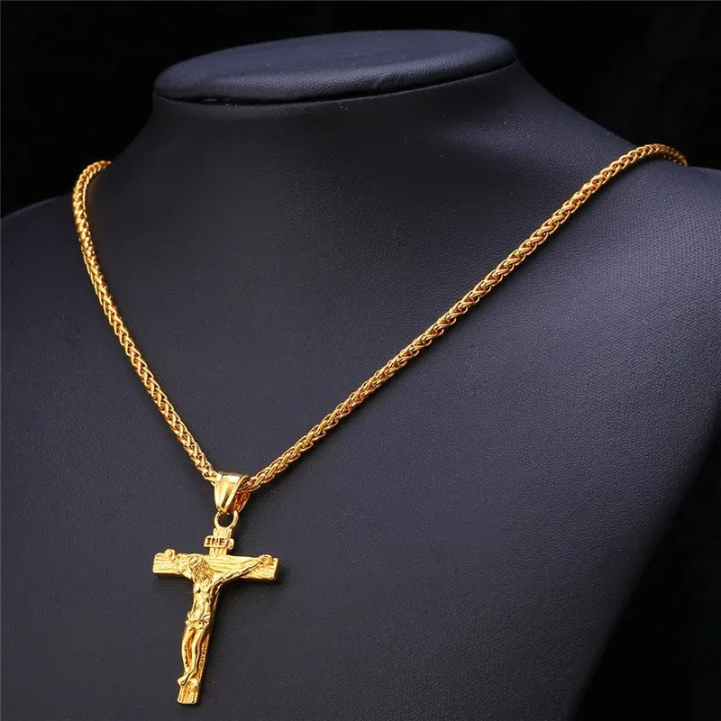 Religious Jesus Cross Necklace for Men Fashion Gold Color Cross Pendent with Chain Necklace Jewelry Gifts for Men Wholesale