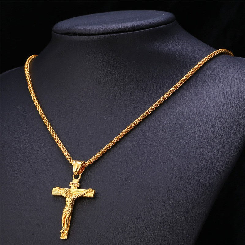 Religious Jesus Cross Necklace for Men Fashion Gold Color Cross Pendent with Chain Necklace Jewelry Gifts for Men Wholesale