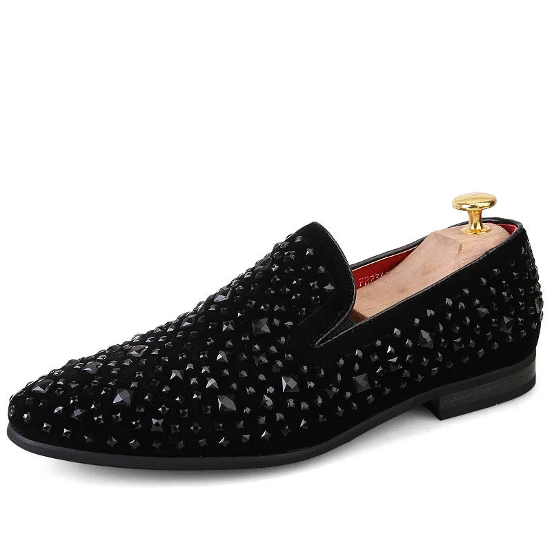 Dress Shoes for Men Luxury Pointed Toe Black Loafers Denim Metal Sequins Shoes Fashion High Quality Men Party Wedding Shoes New