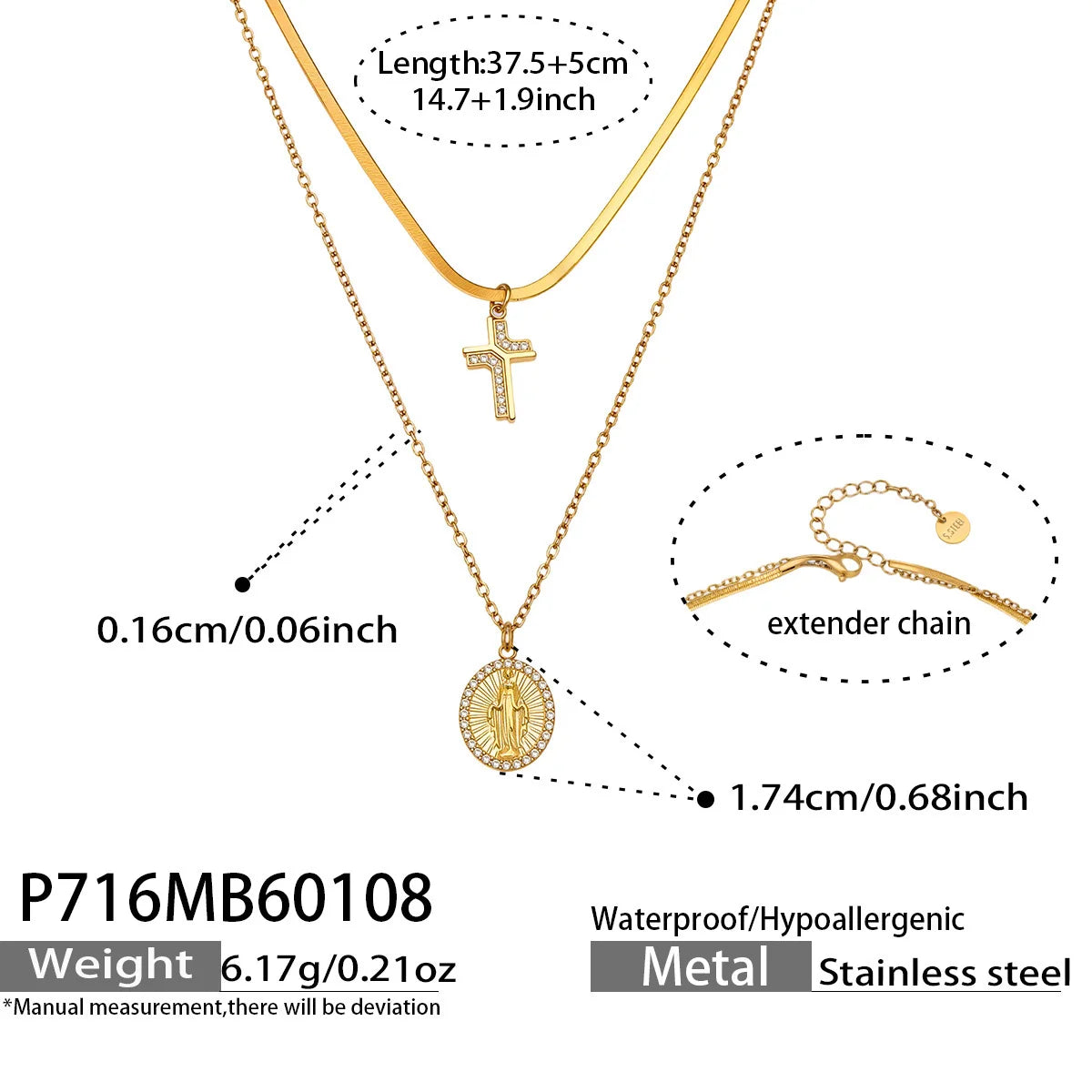 Liora Chic Cubic Zirconia Cross Pendant Necklaces For Women Double Chain Stainless Steel Mujer Choker Fashion Party Jewelry