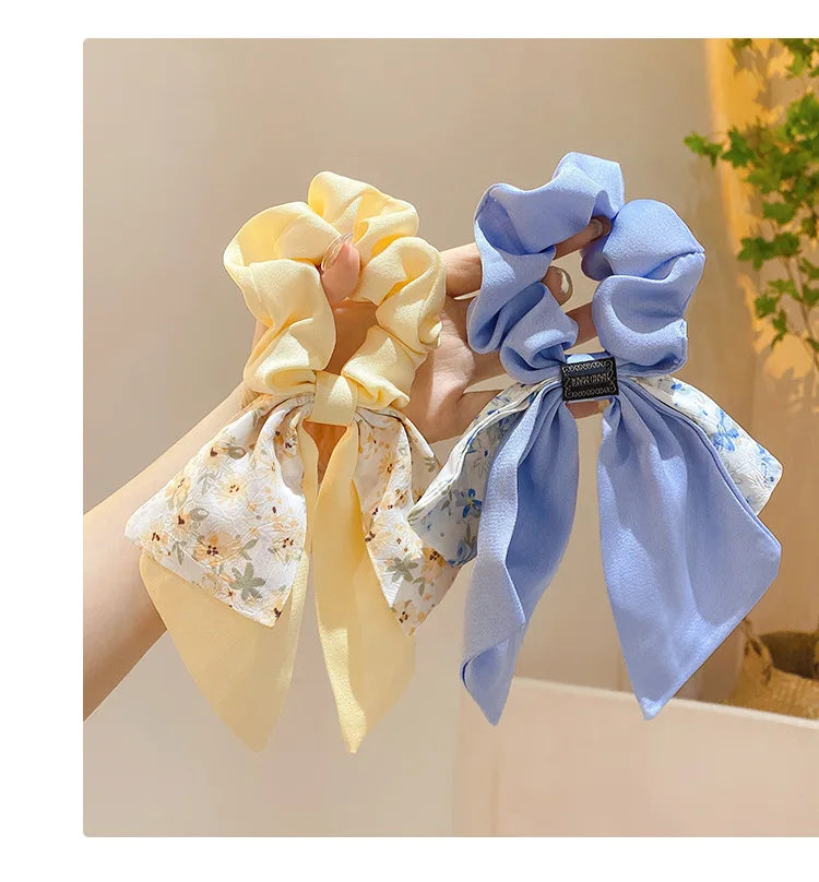New Floral Print Bow Elastic Hair Bands Women Hair Ties Women Elegant Ribbon Rubber Band Headwear Girls Women  Hair Accessories