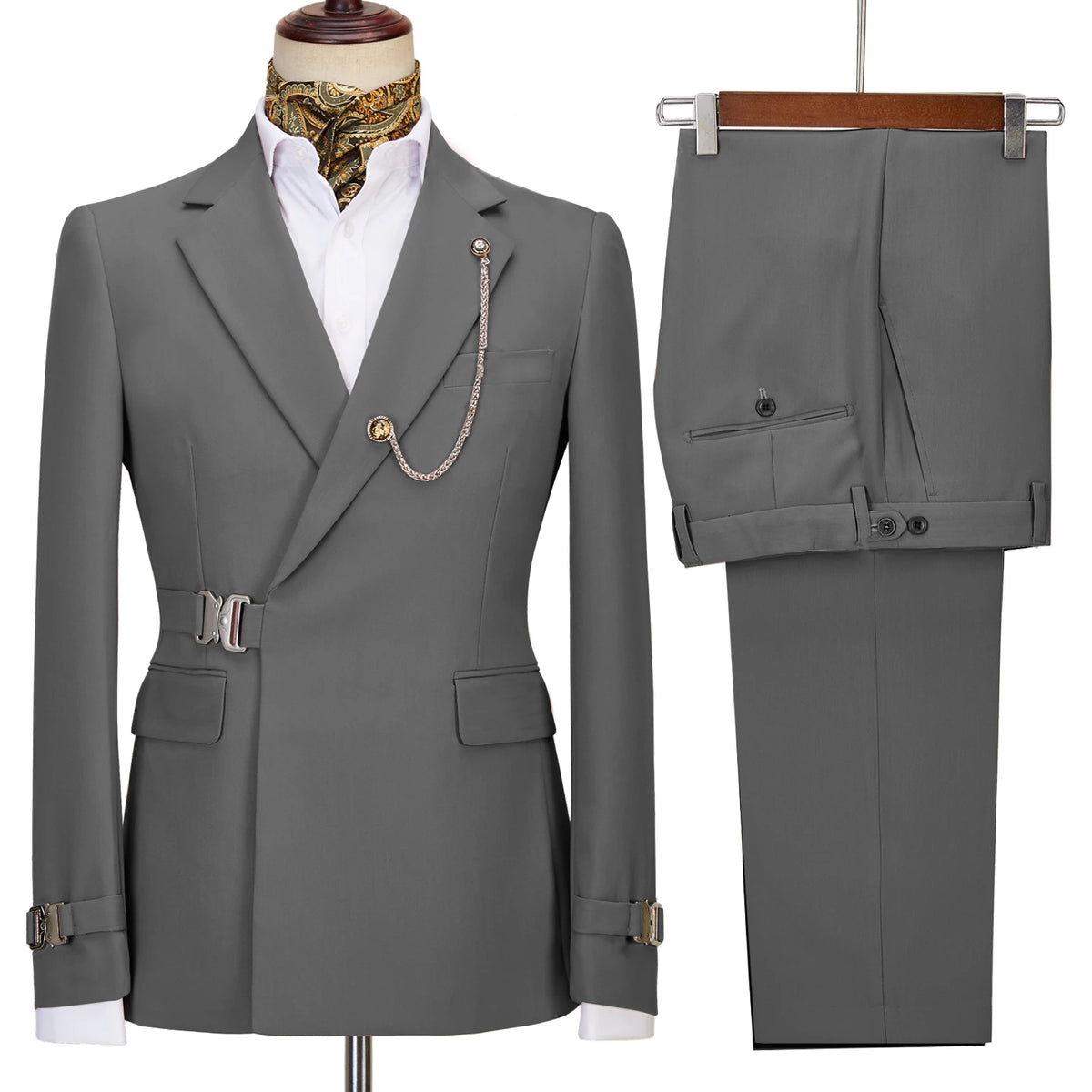 Elegant Men's Suit 2 Pieces Fashion Metal Buckle Jacket Boutique Business Casual Suit Coat Groom Wedding Dress (Blazers+Pants)