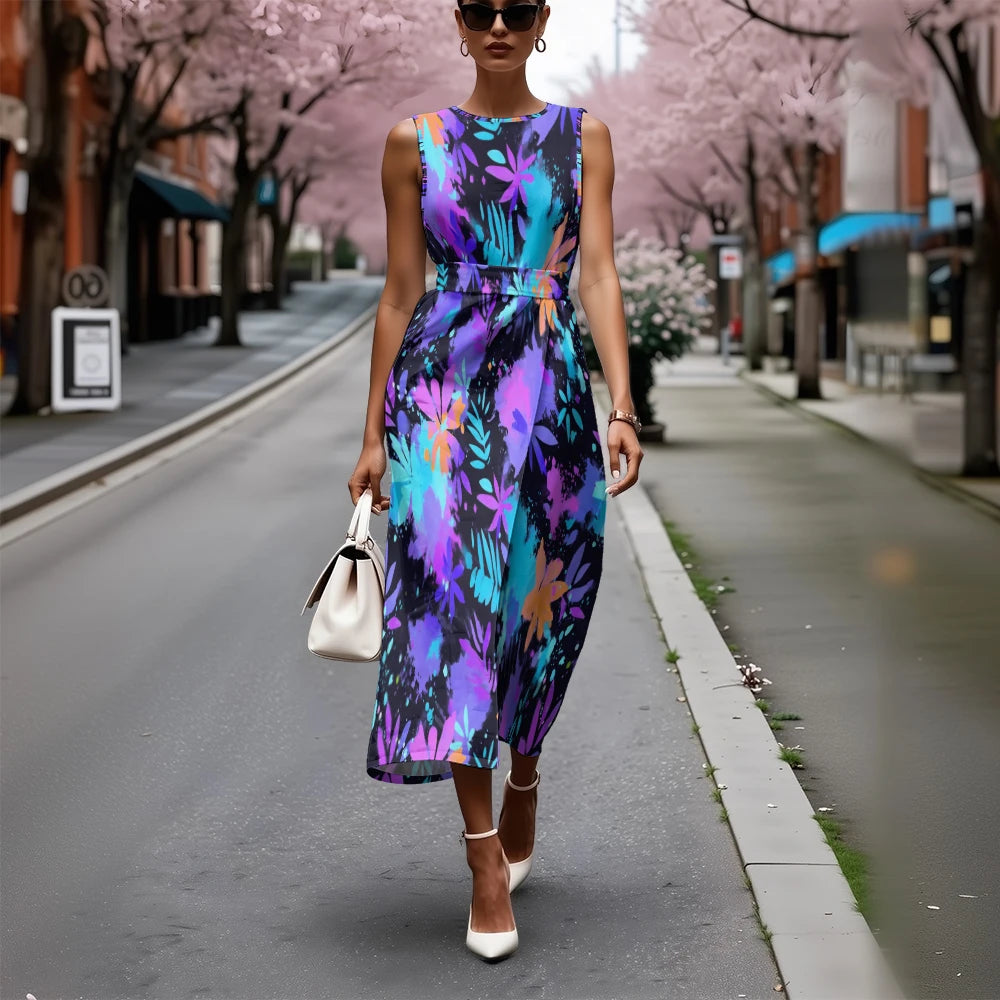 Elegant Floral Dress for Women Breathable A-Line Sleeveless Dress Chic Blue & White with Pink Blooms Office To Vacation Dress