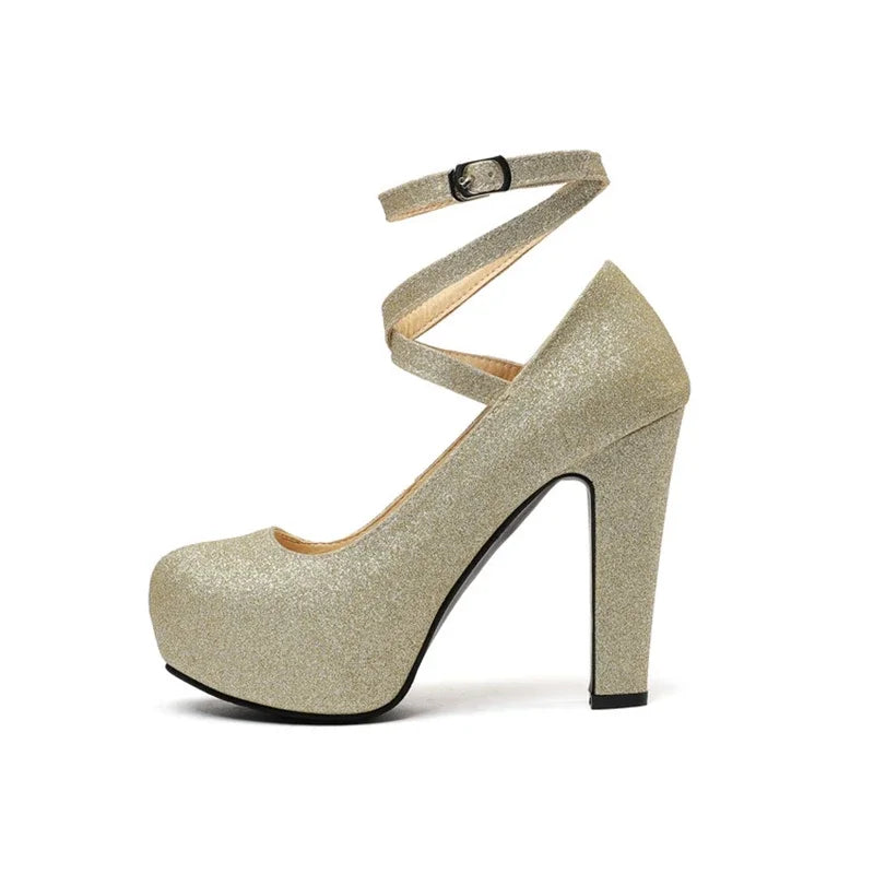 Women Shoes Sexy Fashion Round Toe High Heels  Ankle Strap Dress Dance Party Wedding Bride Platform Shoes Big Size 49 50 33-43