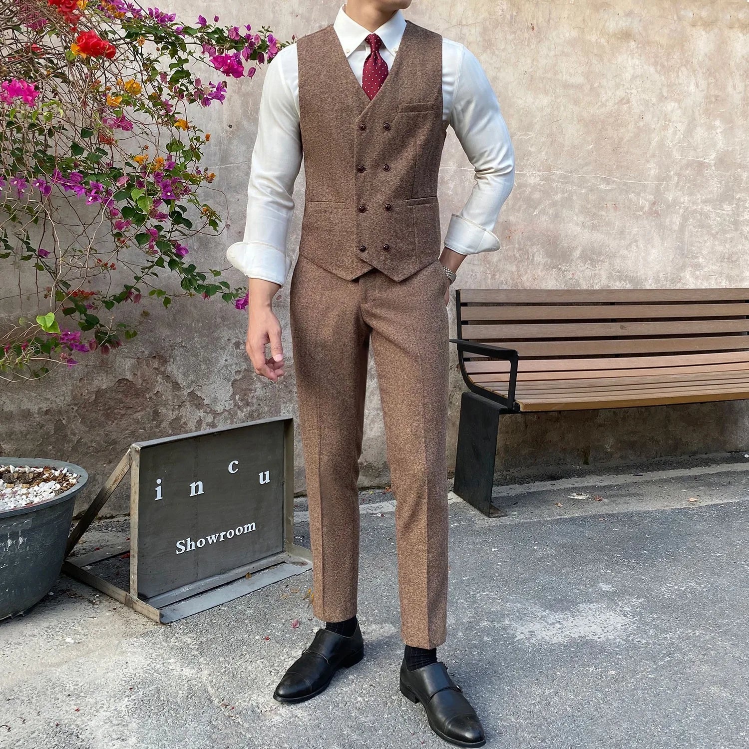 Vest Suit Men Groomsmen Clothes British Retro Tweed Vest Male Bridegroom Wedding Dress Brothers Outfit Waistcoat Pants Two Piece