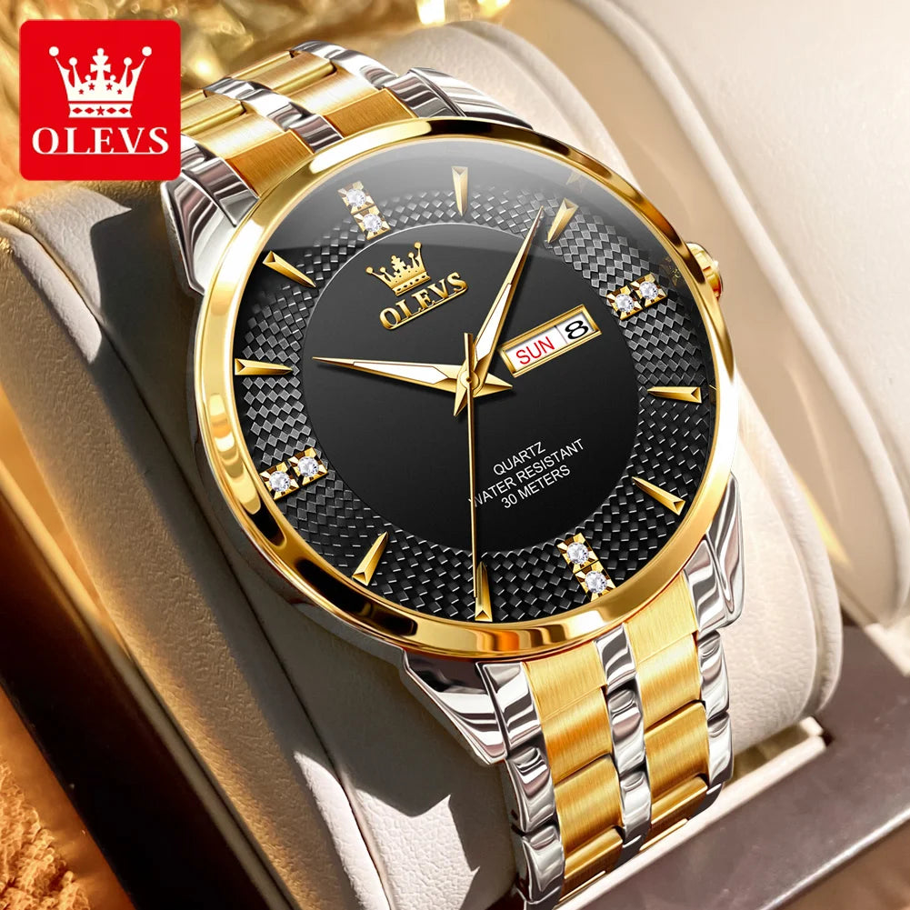 OLEVS Men Watches Luxury Business Fine Steel Original Brand Quartz Wristwatch for Man Waterproof Luminous Date Week Casual Dress