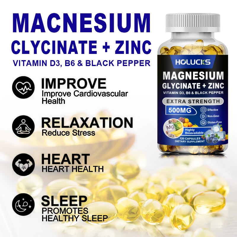Magnesium Glycinate & Zinc 500mg - Chelated Supplement  - with Vitamin D3 & B6 - Support for Sleep, Muscle & Heart Health